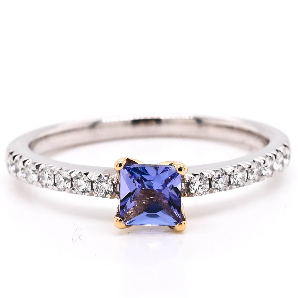 18KT White & Yellow Gold 0.39CT Princess Cut Tanzanite and Diamond Ring.