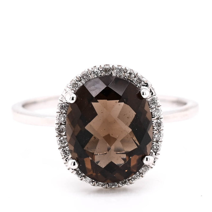 14KT White Gold Oval Shape Smokey Quartz & Diamond Halo Set Ring.