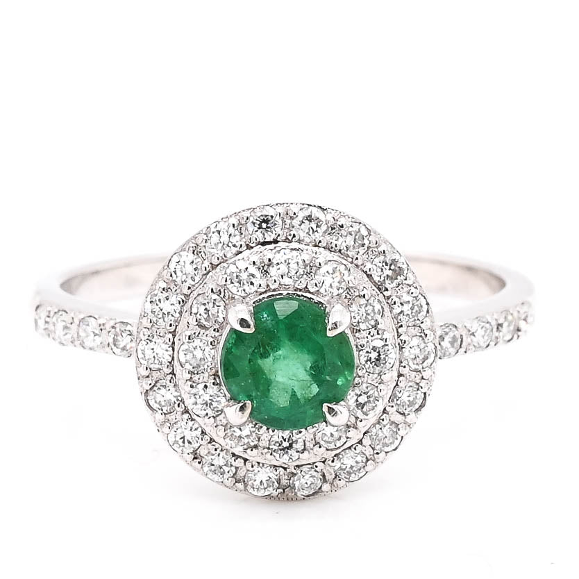 14KT Yellow Gold Round Brilliant Emerald & Diamond Double Halo Set Ring.