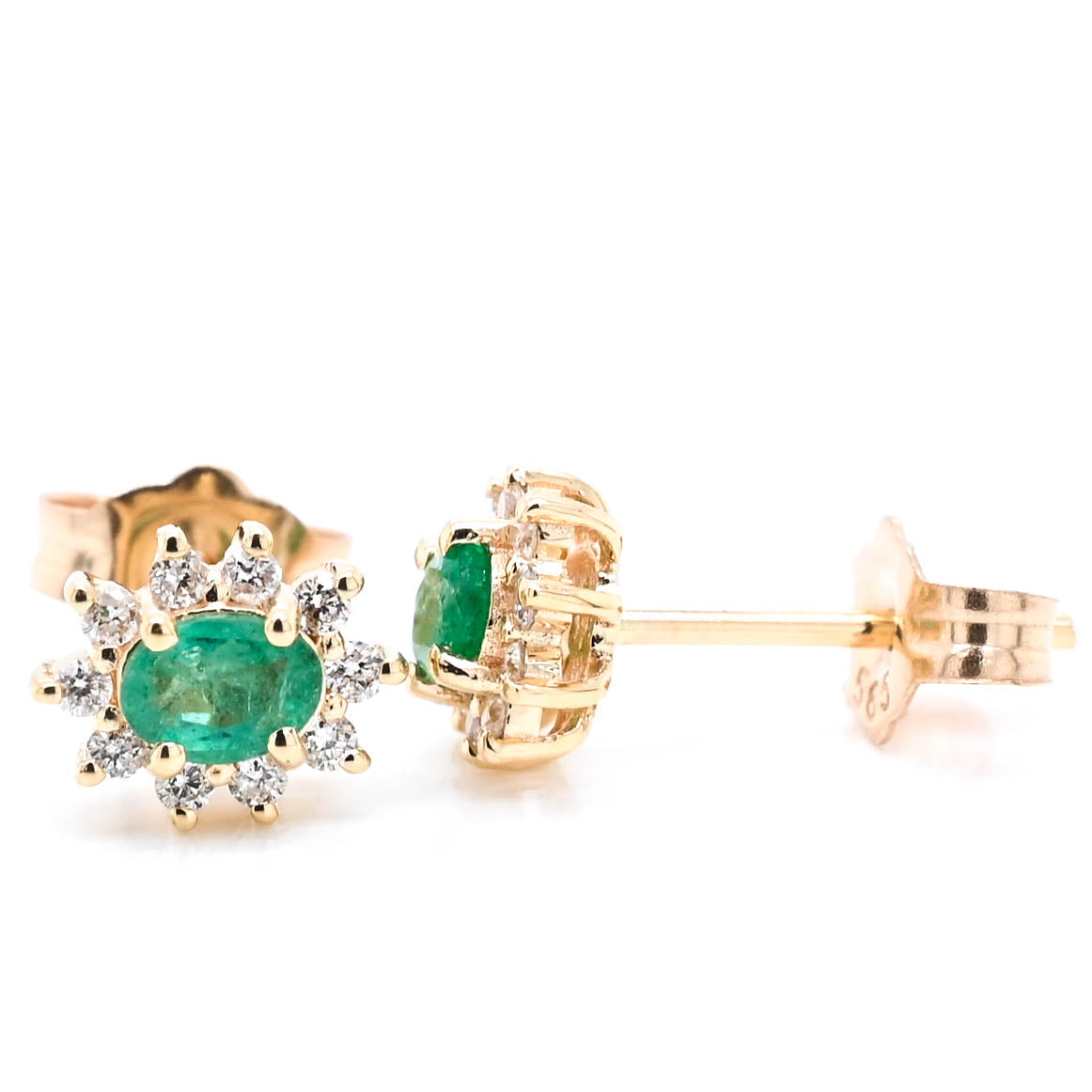 14KT Yellow Oval Shape Emerald & Diamond Stud Earrings