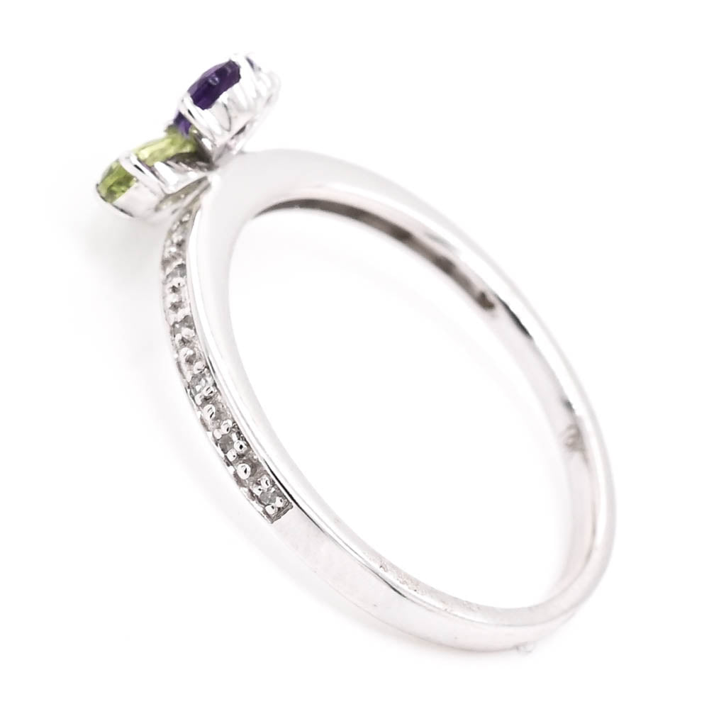 10KT White Gold Amethyst , Peridot & Diamond Butterfly Ring.