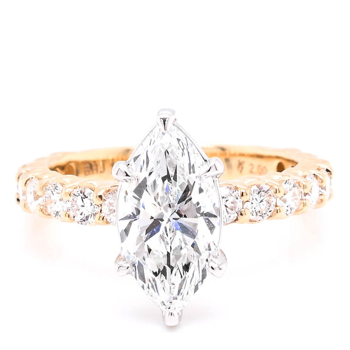 14KT Yellow & White Gold 3.00CTW Marquise Shaped LAB Created Diamond Accent Engagement Ring.