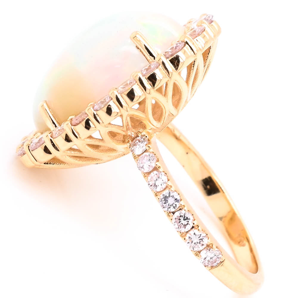 14KT Yellow Gold 7.01CT Opal & Fancy Light Pink Diamond Halo Set Ring.